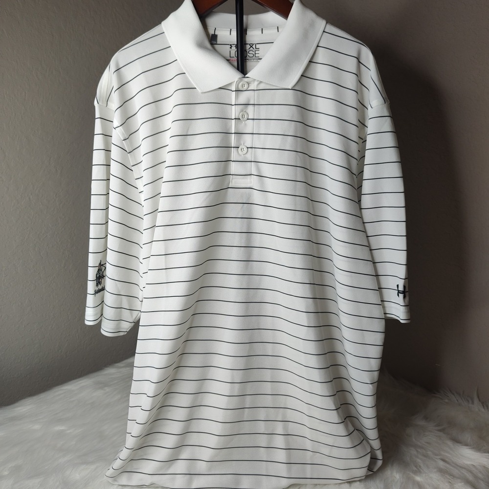 Under Armour Polo Mens XL White Black Striped HeatGear Fiddlesticks Golf Shirt